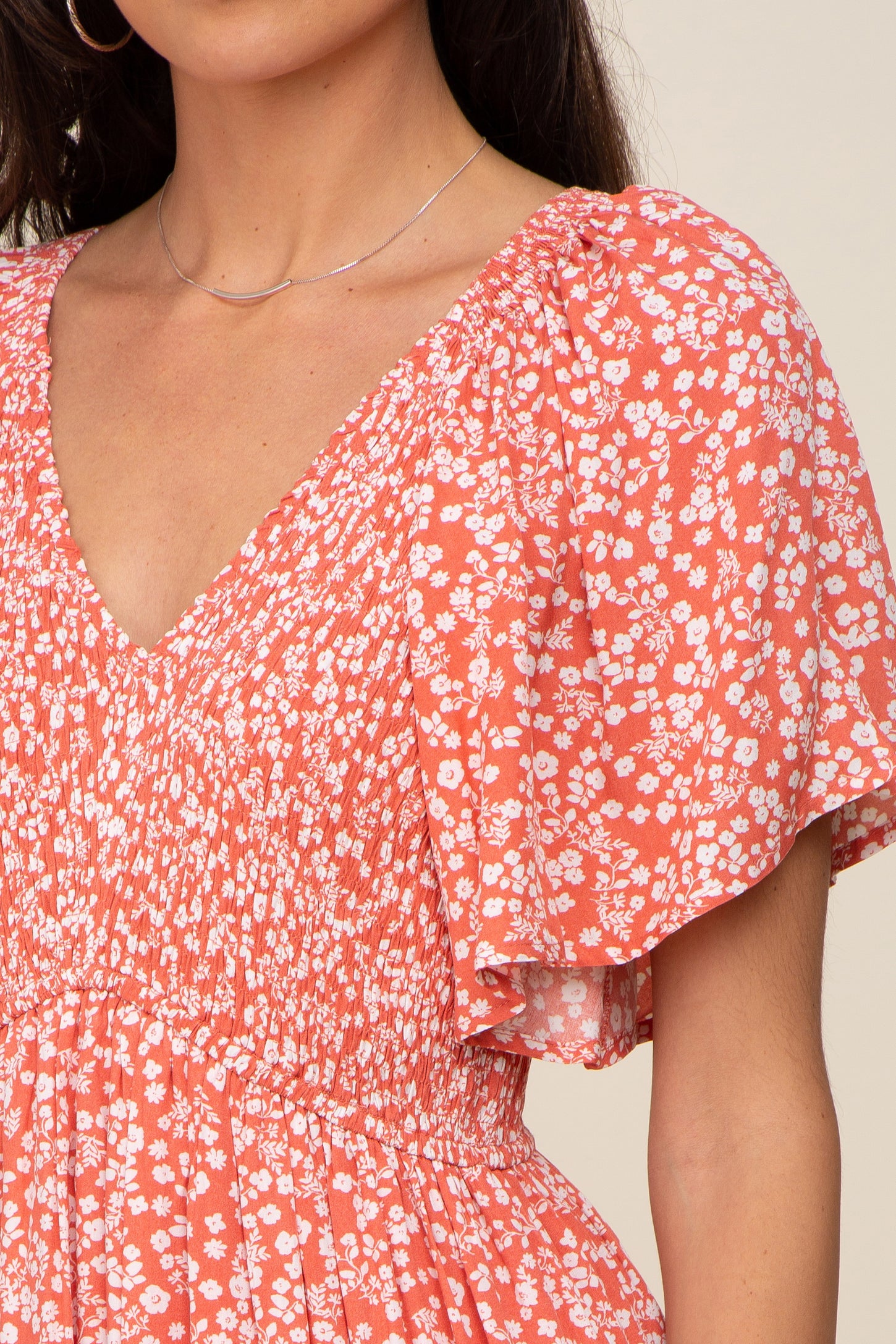 Coral Floral Smocked V-Neck Flutter Short Sleeve Midi Dress PinkBlush Coral Floral Smocked V-Neck Flutter Short Sleeve Midi Dress PinkBlush