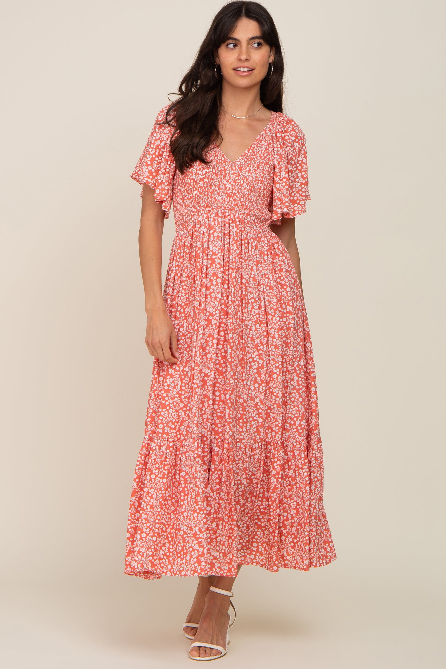 Coral Floral Smocked V-Neck Flutter Short Sleeve Midi Dress PinkBlush Coral Floral Smocked V-Neck Flutter Short Sleeve Midi Dress PinkBlush