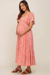 Coral Floral Smocked V-Neck Flutter Short Sleeve Maternity Midi Dress