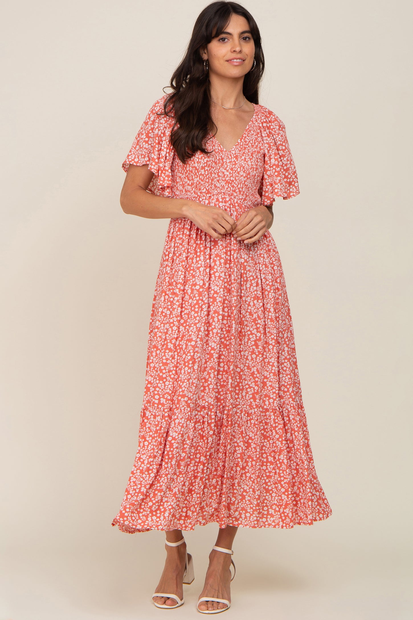 coral short sleeve dress Cabana Life - Geo Ruffle Short Sleeve Dress - Coral
