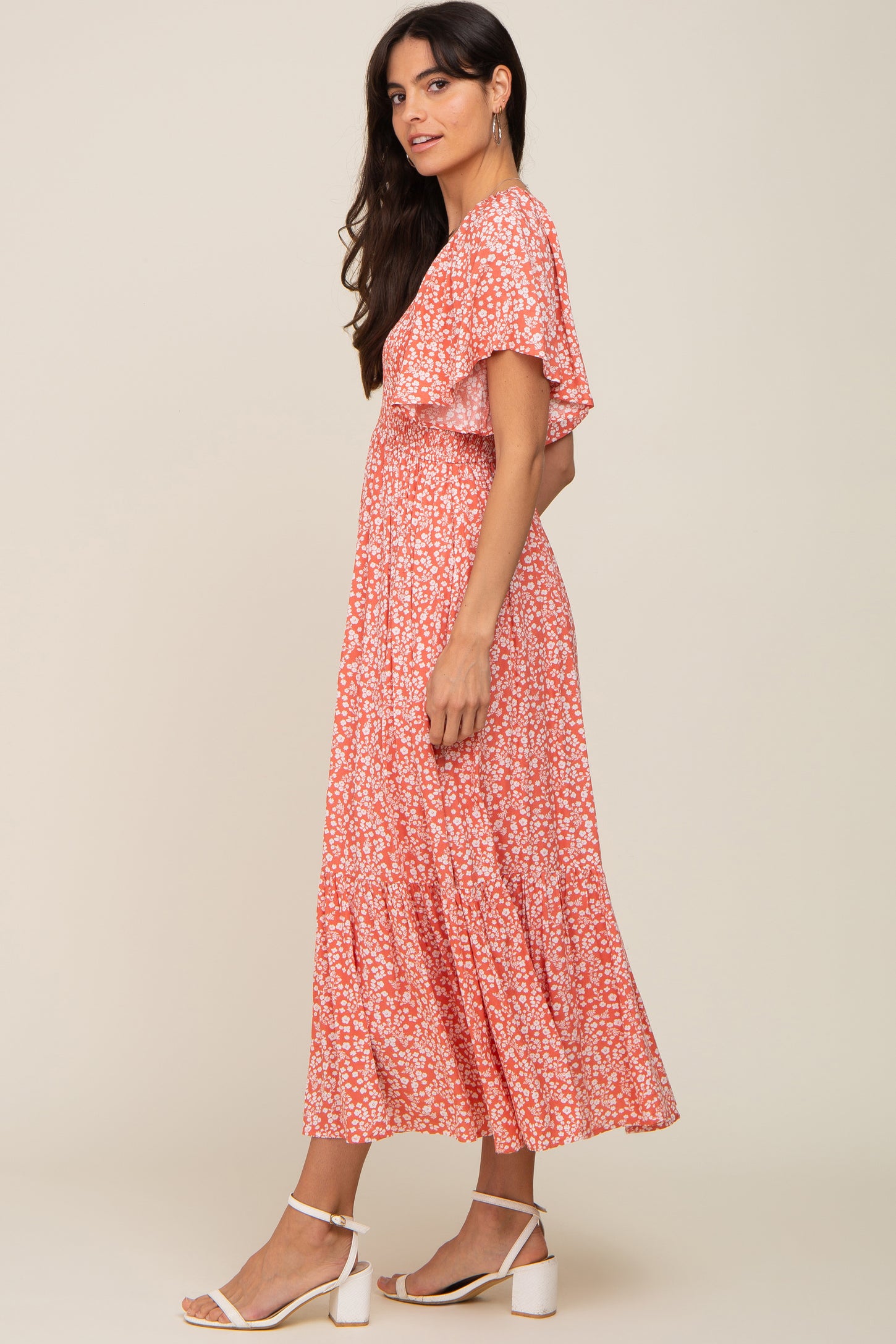 Coral Floral Smocked V-Neck Flutter Short Sleeve Midi Dress PinkBlush Coral Floral Smocked V-Neck Flutter Short Sleeve Midi Dress PinkBlush