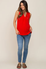 Red Solid V-Neck Sleeveless Maternity Top