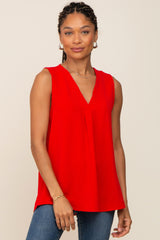 Red Solid V-Neck Sleeveless Maternity Top