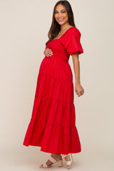 Red Square Neck Smocked Puff Short Sleeve Tiered Maternity Midi Dress