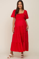 Red Square Neck Smocked Puff Short Sleeve Tiered Maternity Midi Dress