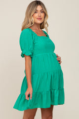 Green Plaid Square Ruffle Neck Tiered Maternity Dress