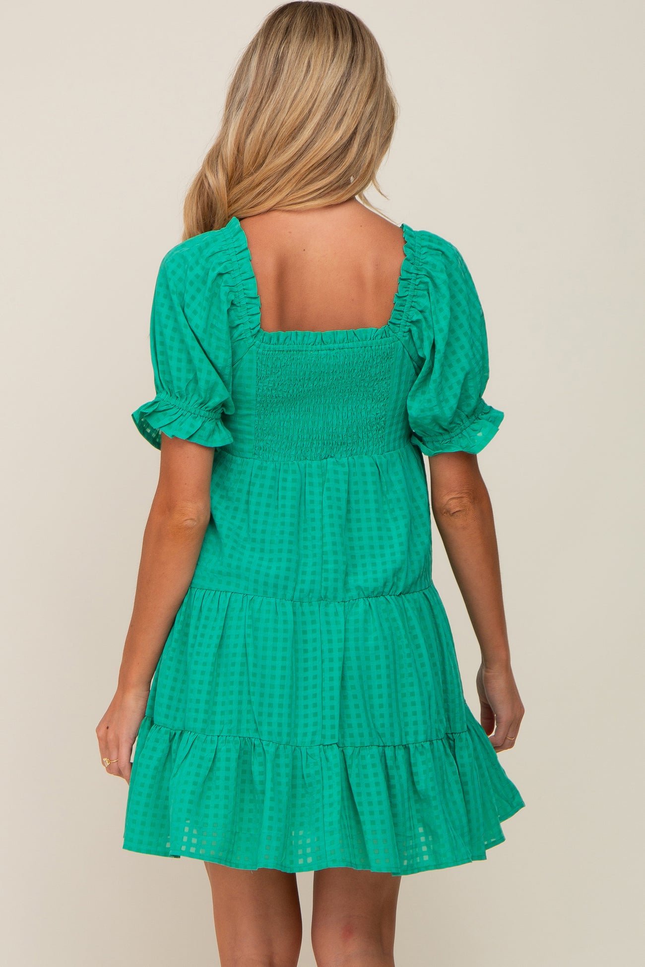 Square Ruffles Green Plaid Square Ruffle Neck Tiered Maternity Dress– PinkBlush