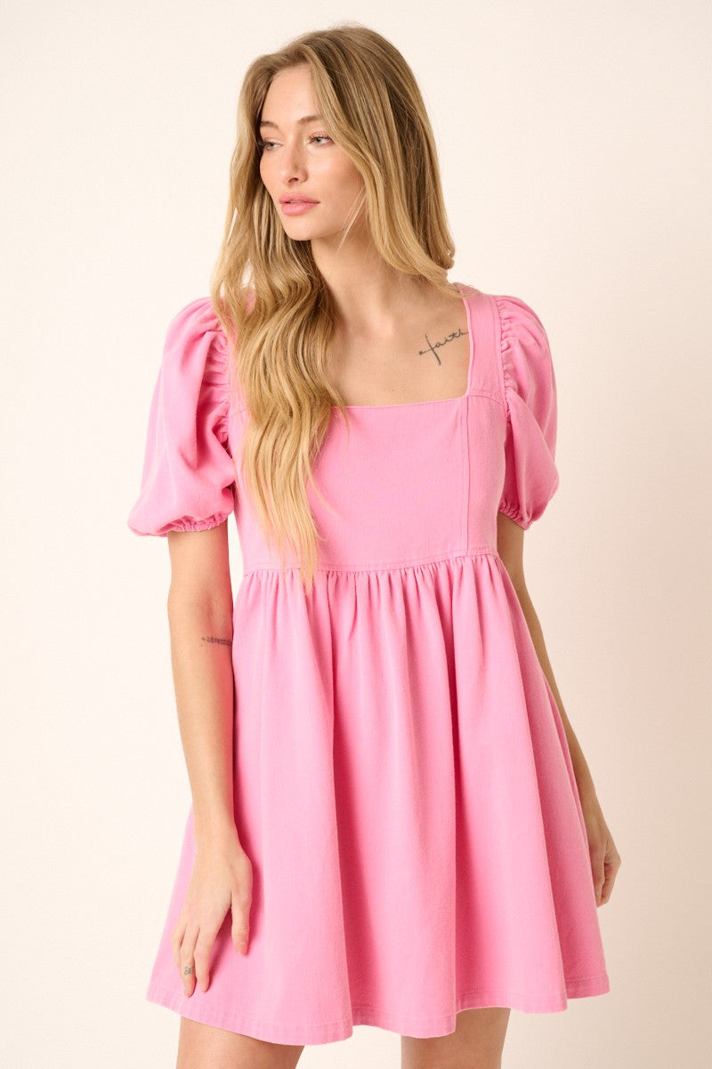 Hot Pink Washed Denim Puff Sleeve Babydoll Dress – PinkBlush