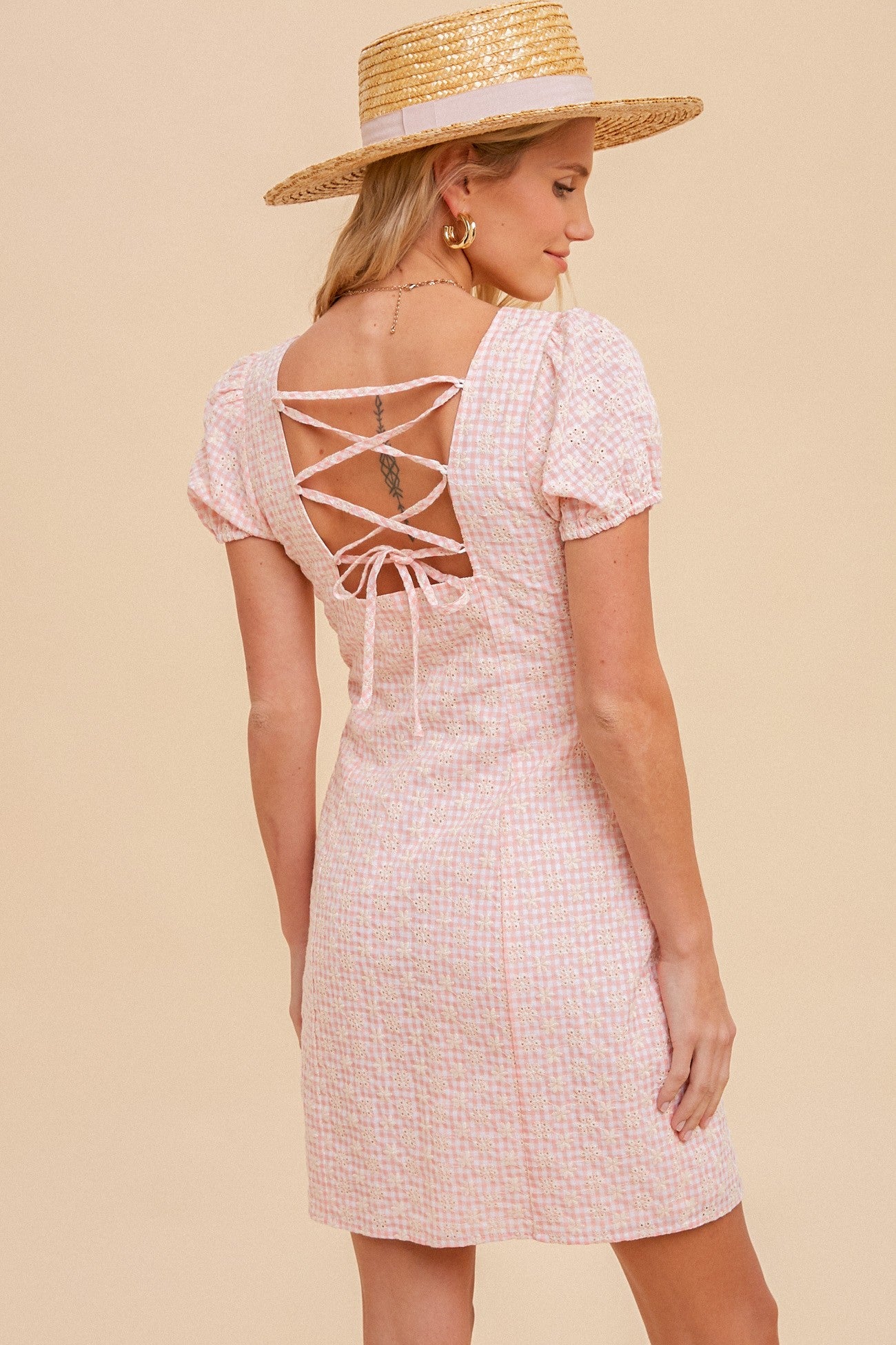 Pink Lace Up Back Puff Sleeve Square Neck Mini Dress PinkBlush Pink Lace Up Back Puff Sleeve Square Neck Mini Dress PinkBlush