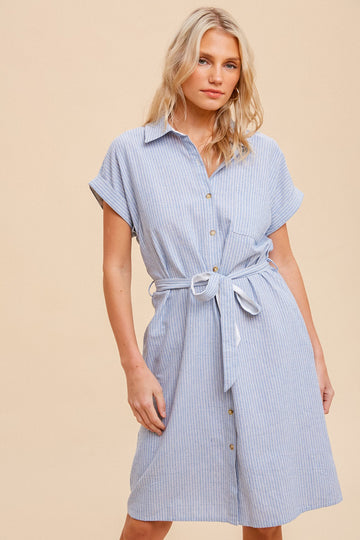 Light Blue Pin Stripe Belted Shirt Dress