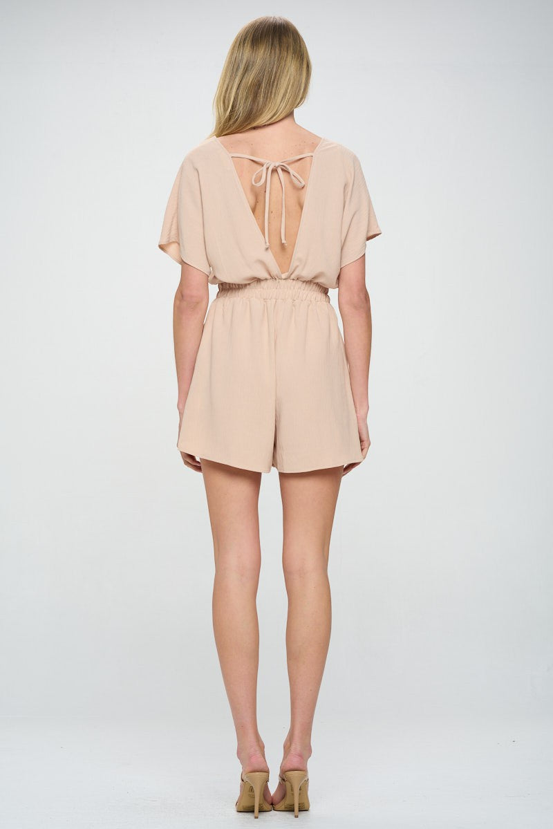 Beige Short Dolman Sleeves Crinkle Woven Romper