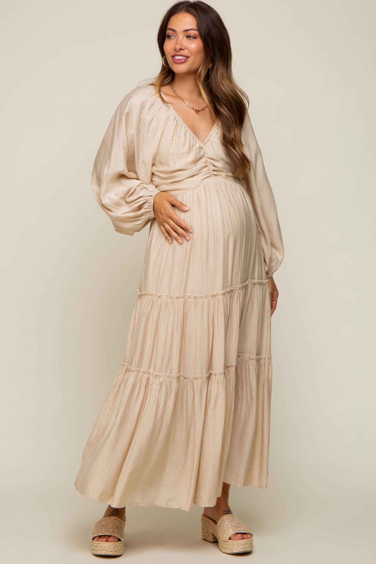 Beige Ruched Front Cutout Back Tiered Maternity Maxi Dress– PinkBlush