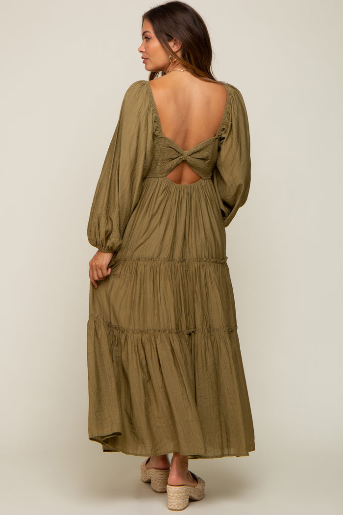Olive Ruched Front Cutout Back Tiered Maternity Maxi Dress