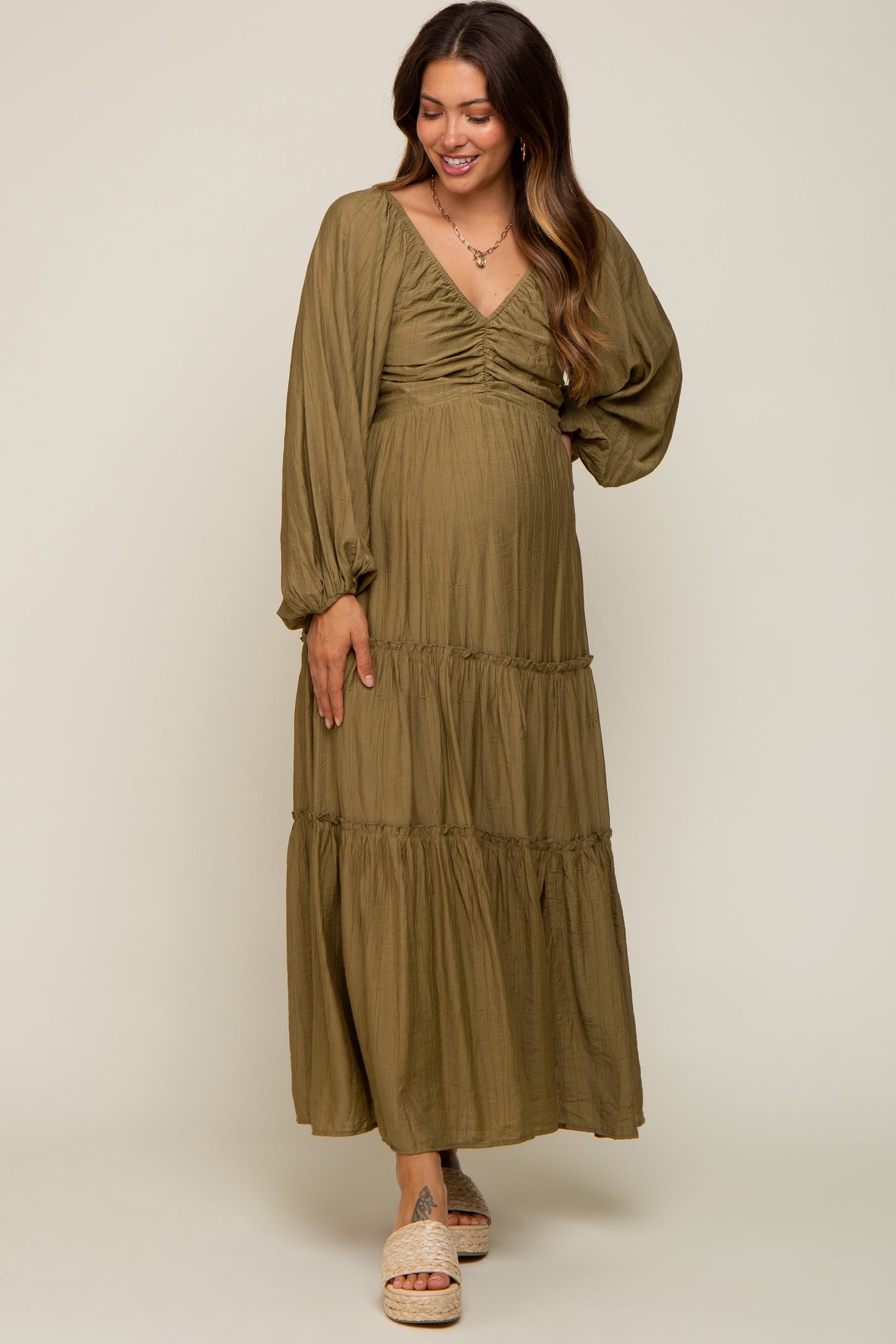 Olive Ruched Front Cutout Back Tiered Maternity Maxi Dress