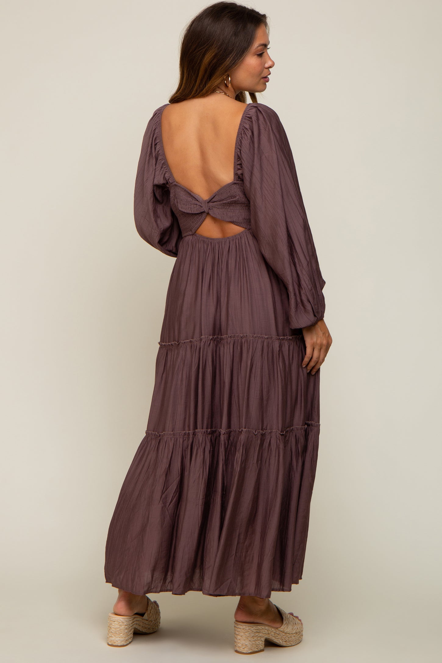 Brown Smocked Front Cutout Tiered Maternity Maxi Dress – PinkBlush