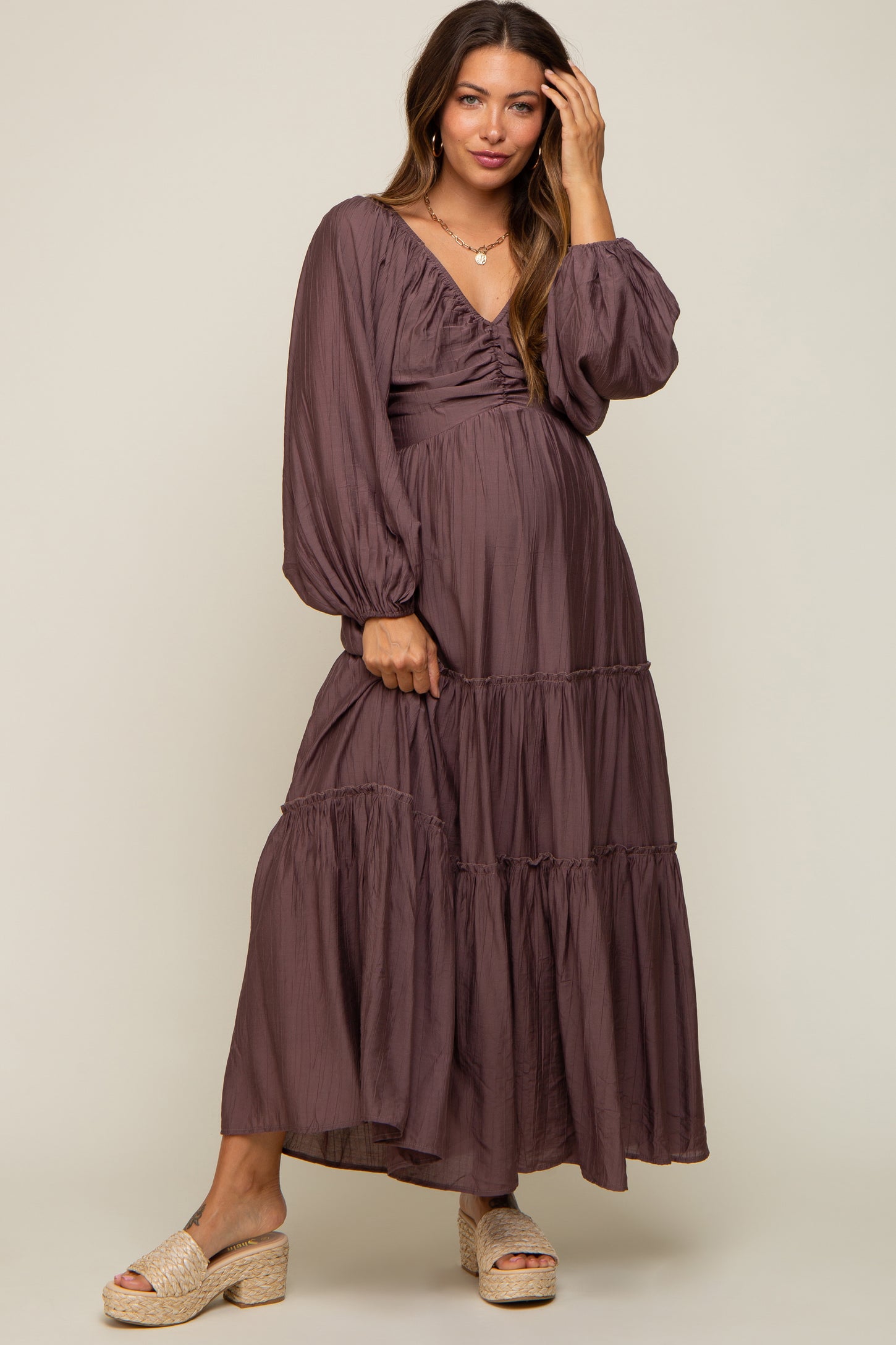 Brown Smocked Front Cutout Tiered Maternity Maxi Dress – PinkBlush