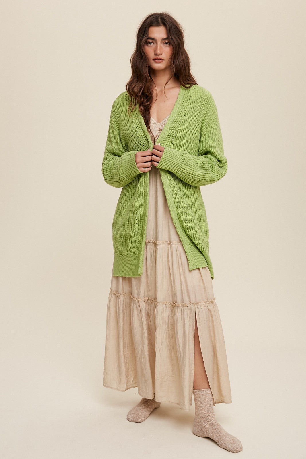 Lime Green Cable Knit Accent Cardigan