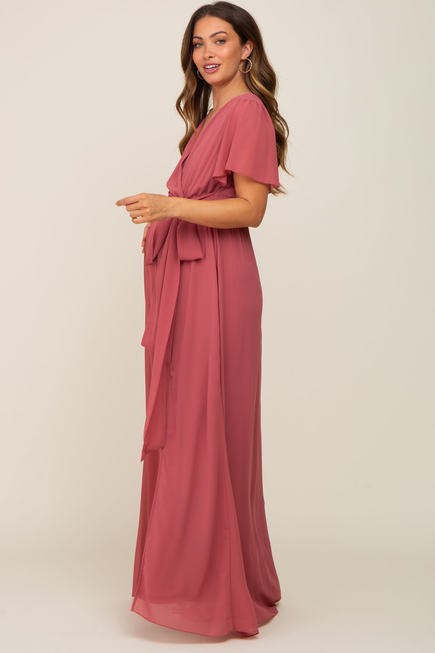 Mauve Chiffon Short Sleeve Wrap V-Neck Front Slit Maternity Maxi Dress