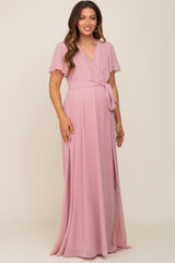 Pink Chiffon Short Sleeve Wrap V-Neck Front Slit Maternity Maxi Dress