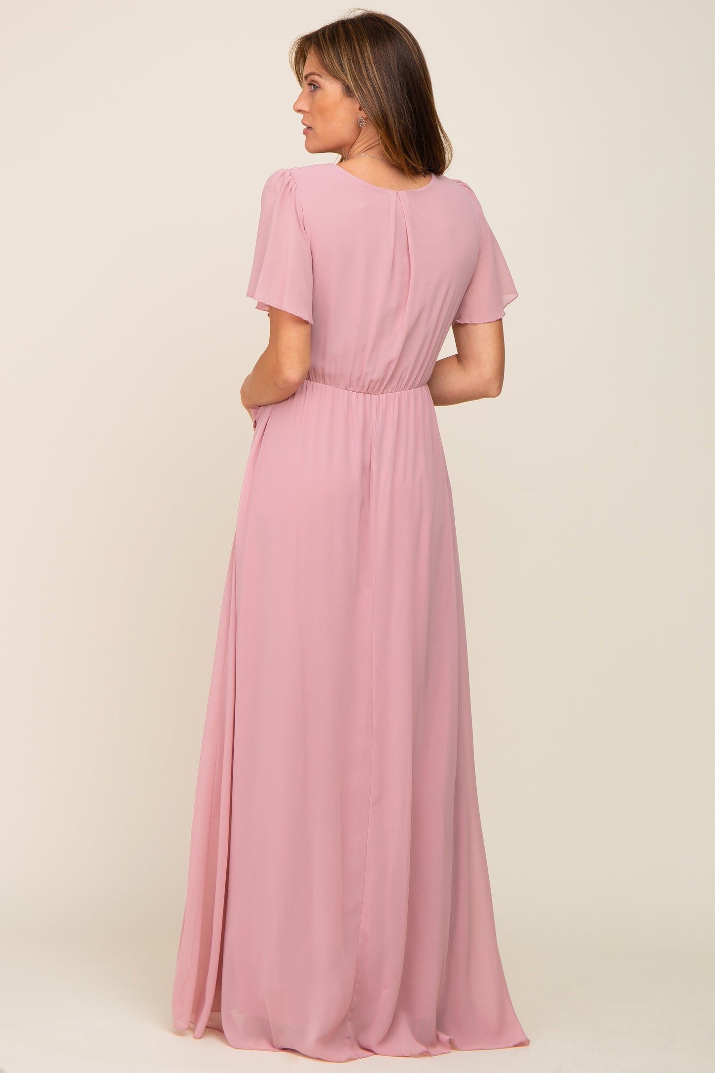 Pink Chiffon Short Sleeve Wrap V-Neck Front Slit Maxi Dress