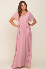 Pink Chiffon Short Sleeve Wrap V-Neck Front Slit Maxi Dress