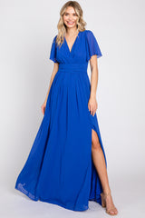 Royal Blue Chiffon Short Sleeve Wrap V-Neck Front Slit Maxi Dress
