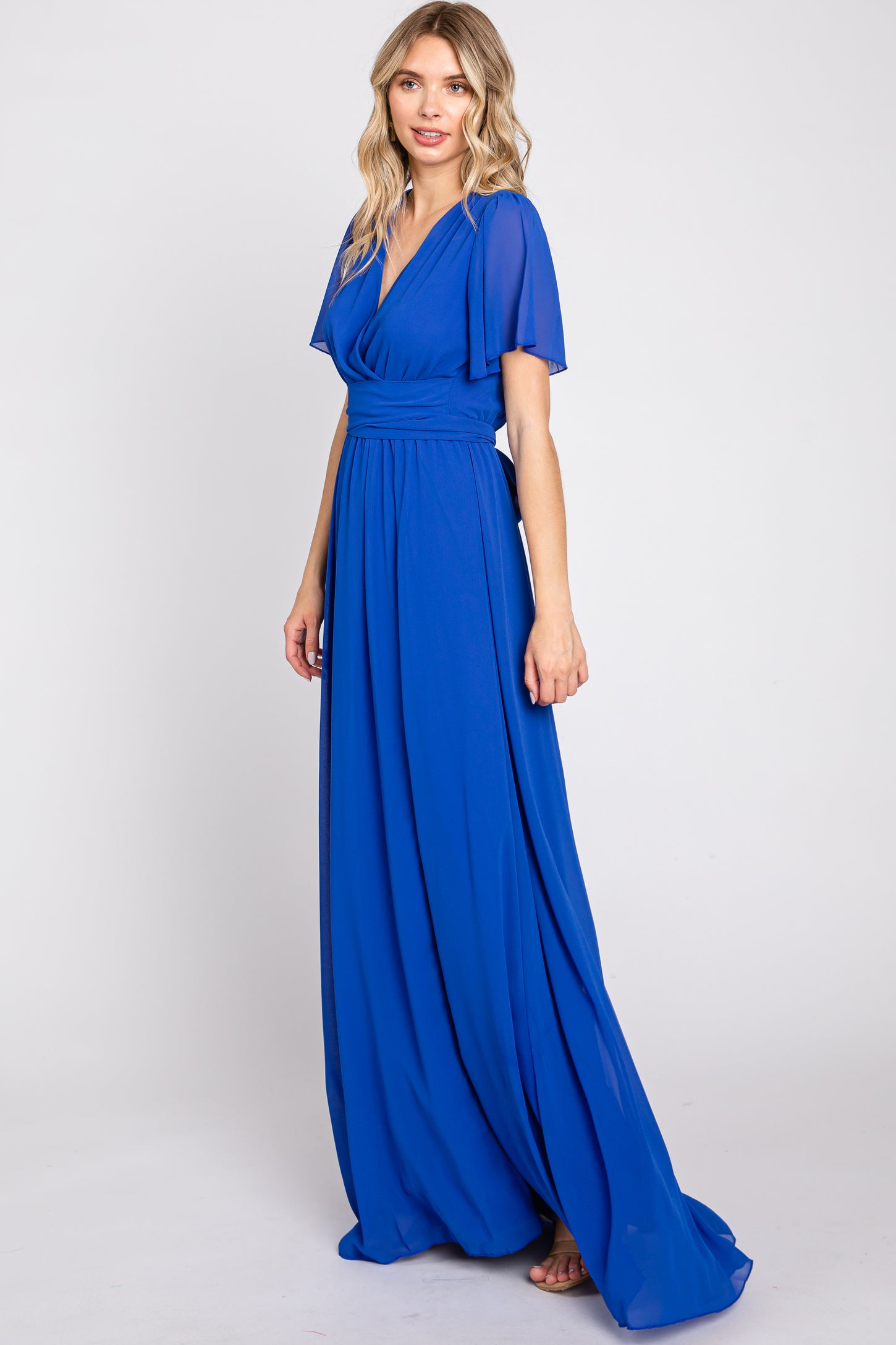 Royal Blue Chiffon Short Sleeve Wrap V-Neck Front Slit Maxi Dress PinkBlush Royal Blue Chiffon Short Sleeve Wrap V-Neck Front Slit Maxi Dress PinkBlush