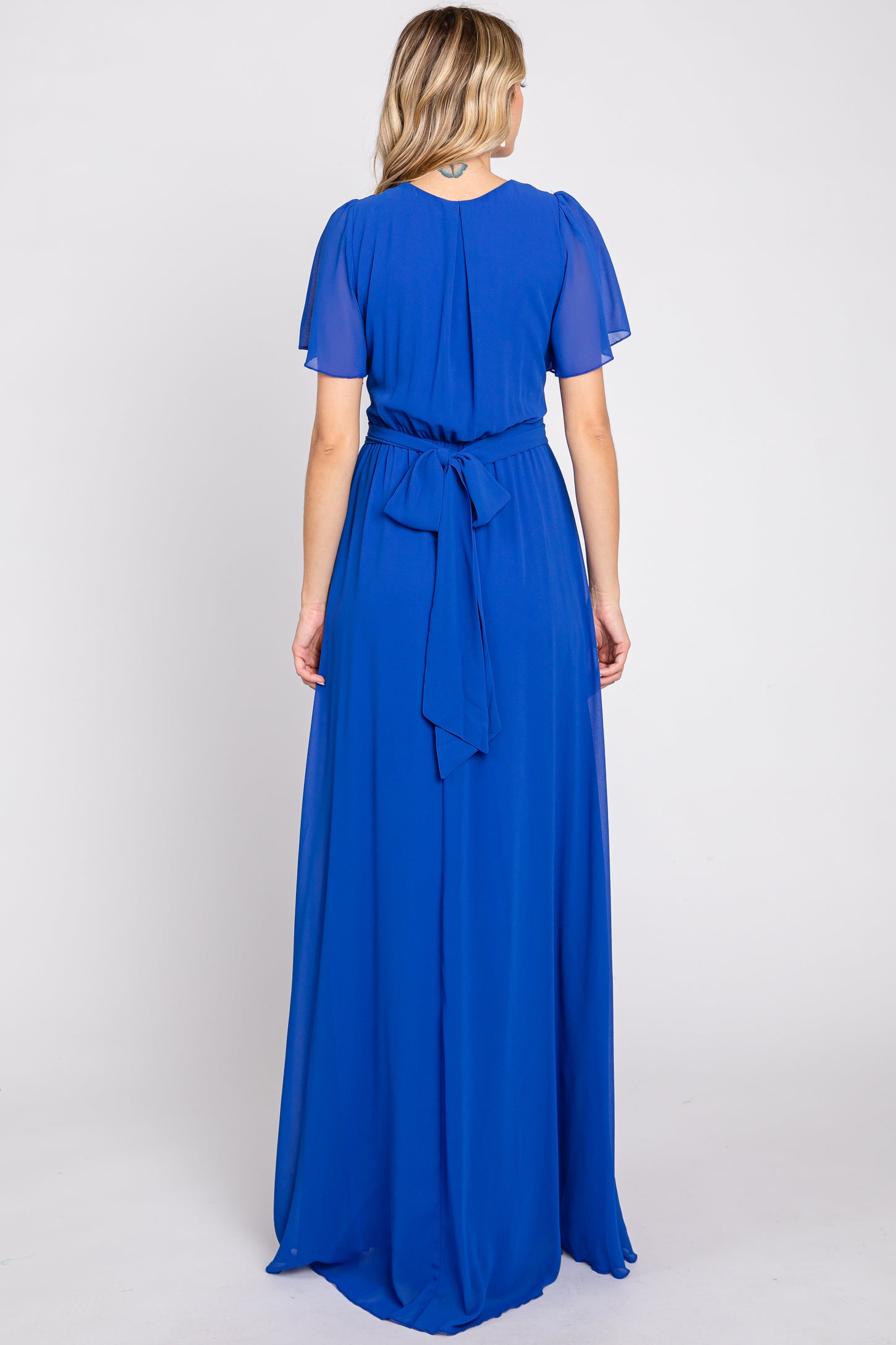 Royal Blue Chiffon Short Sleeve Wrap V-Neck Front Slit Maxi Dress PinkBlush Royal Blue Chiffon Short Sleeve Wrap V-Neck Front Slit Maxi Dress PinkBlush