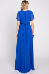 Royal Blue Chiffon Short Sleeve Wrap V-Neck Front Slit Maxi Dress
