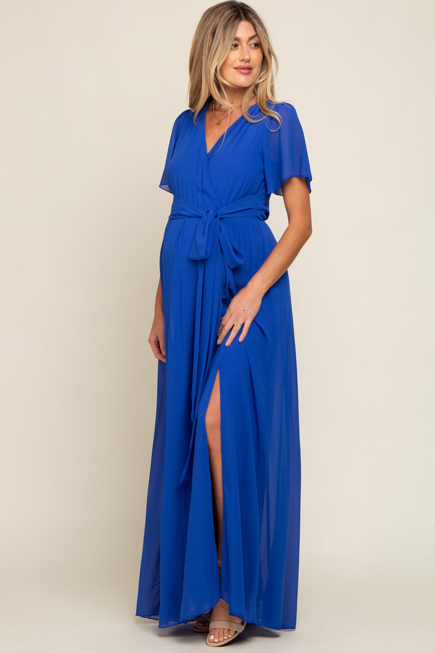 Royal Blue Chiffon Short Sleeve Wrap V-Neck Front Slit Maternity Maxi PinkBlush Royal Blue Chiffon Short Sleeve Wrap V-Neck Front Slit Maternity Maxi PinkBlush