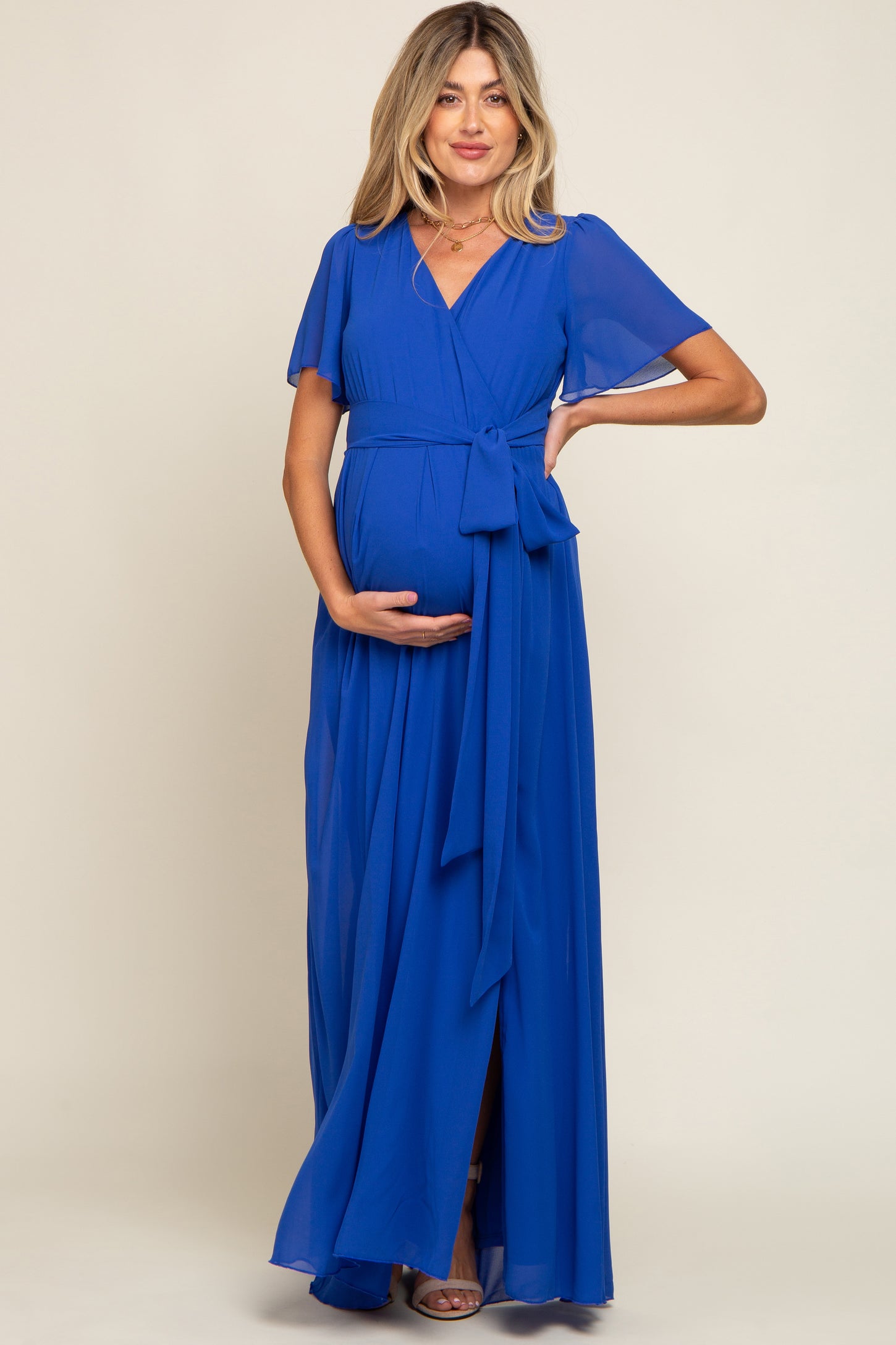 Royal Blue Chiffon Short Sleeve Wrap V-Neck Front Slit Maternity Maxi PinkBlush Royal Blue Chiffon Short Sleeve Wrap V-Neck Front Slit Maternity Maxi PinkBlush