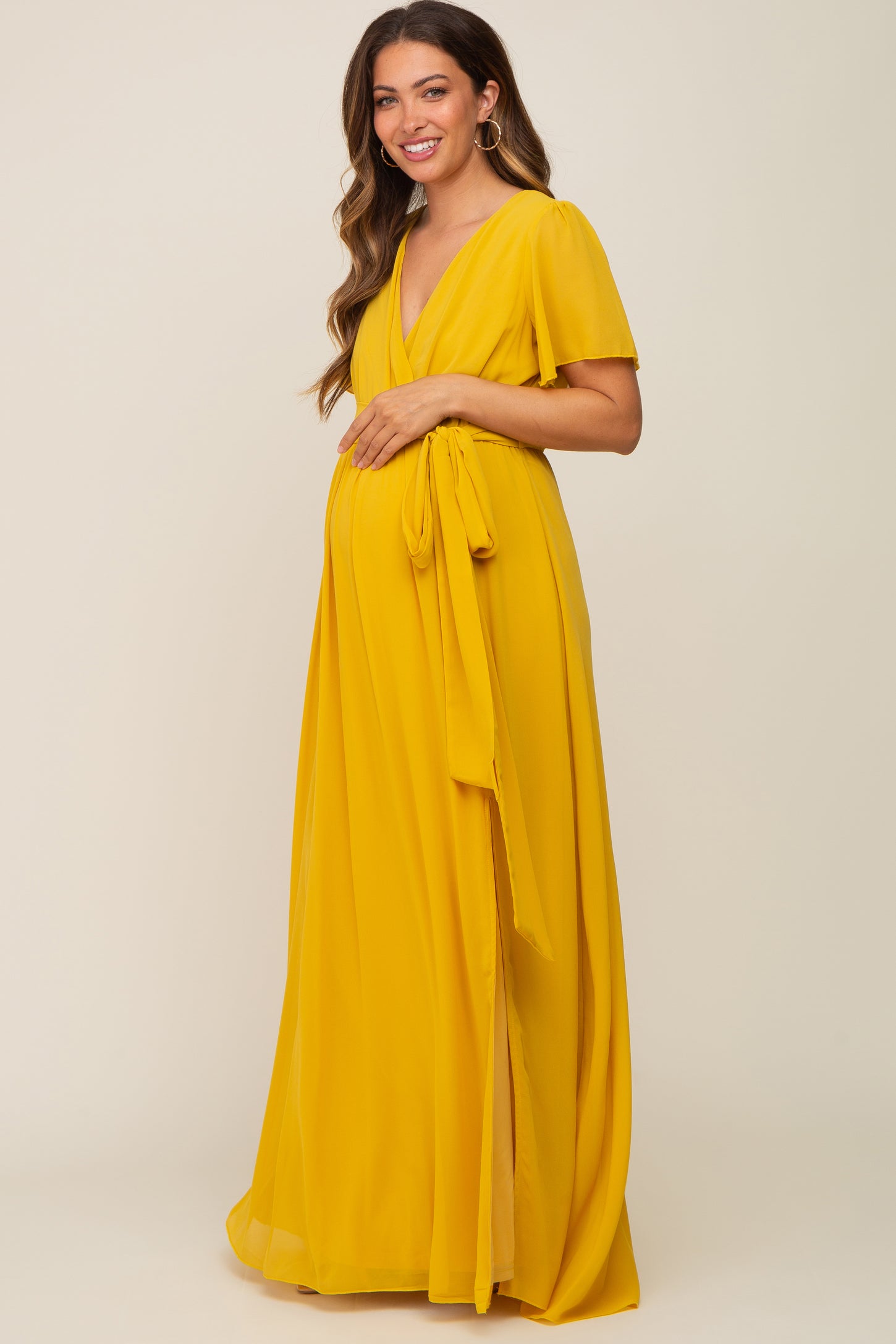 Yellow Chiffon Short Sleeve Wrap V-Neck Front Slit Maternity Maxi Dress