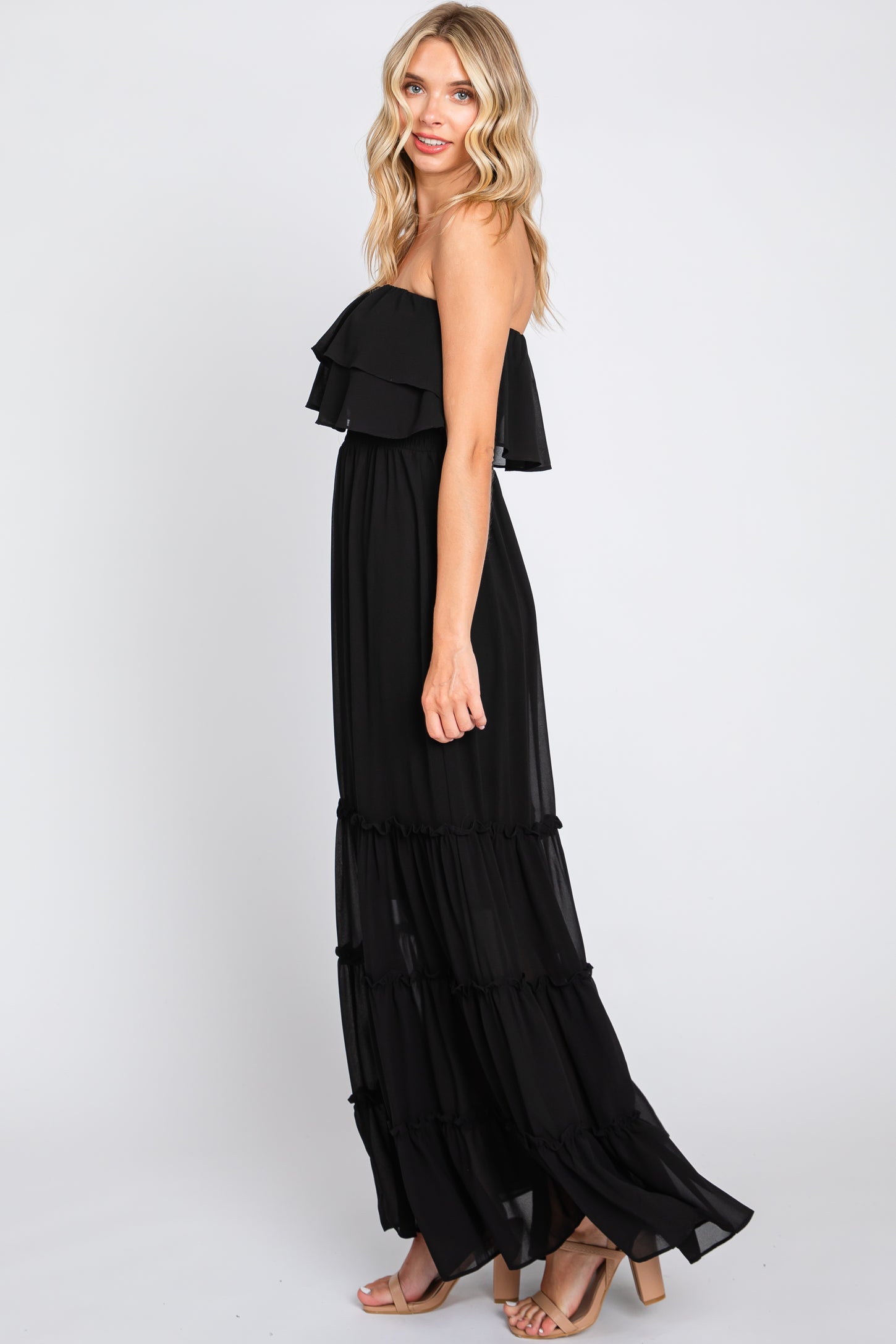 Black Chiffon Strapless Ruffle Tiered Maternity Maxi Dress Medium Black Chiffon Strapless Ruffle Tiered Maternity Maxi Dress Medium