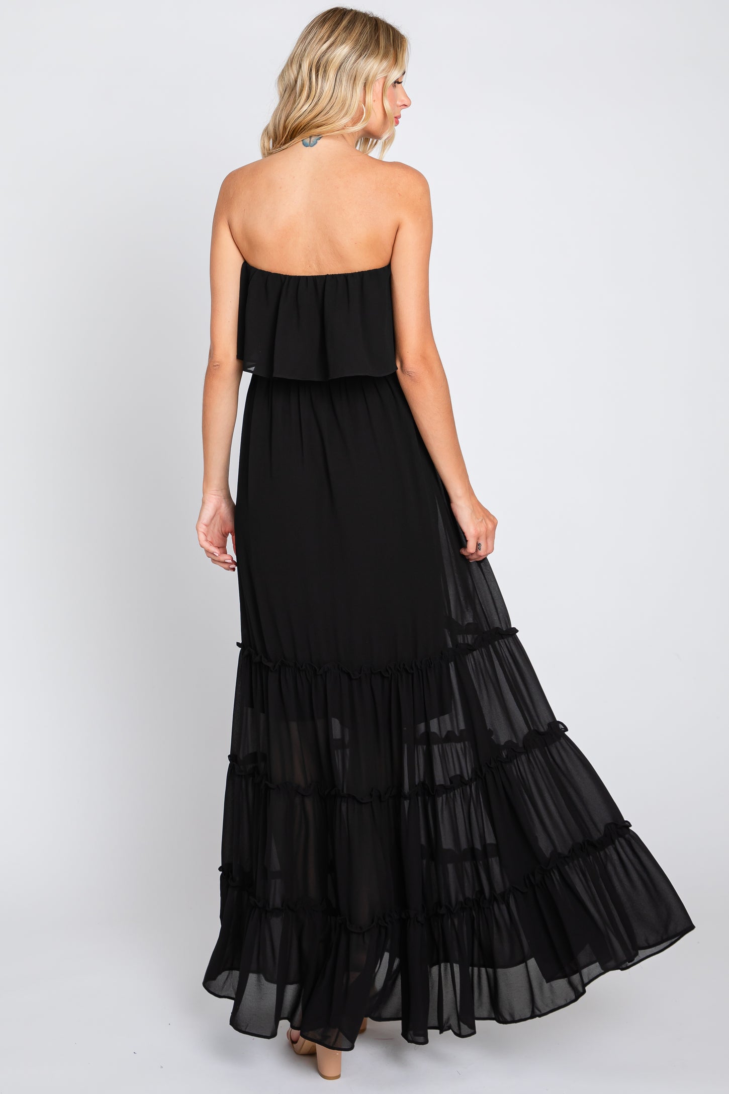 Black Chiffon Strapless Ruffle Tiered Maxi Dress – PinkBlush