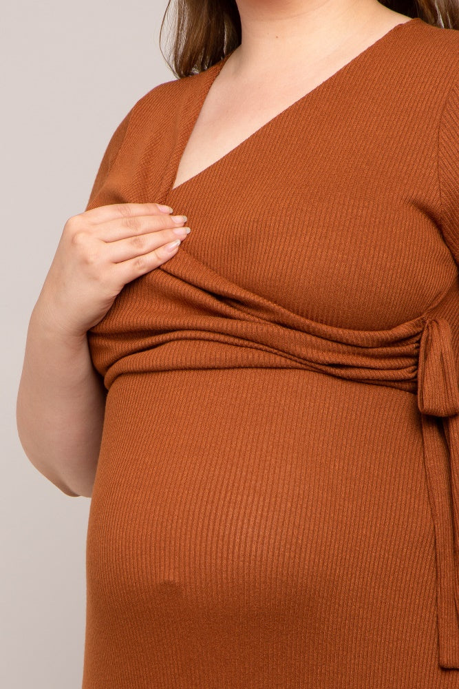 Rust Ribbed Wrapped Front V-Neck Maternity Plus Maxi Dress