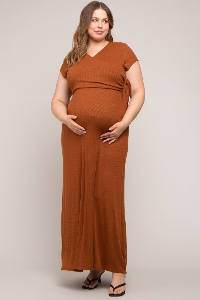 Rust Ribbed Wrapped Front V-Neck Maternity Plus Maxi Dress