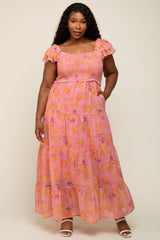 Pink Floral Ruffle Tiered Plus Maxi Dress