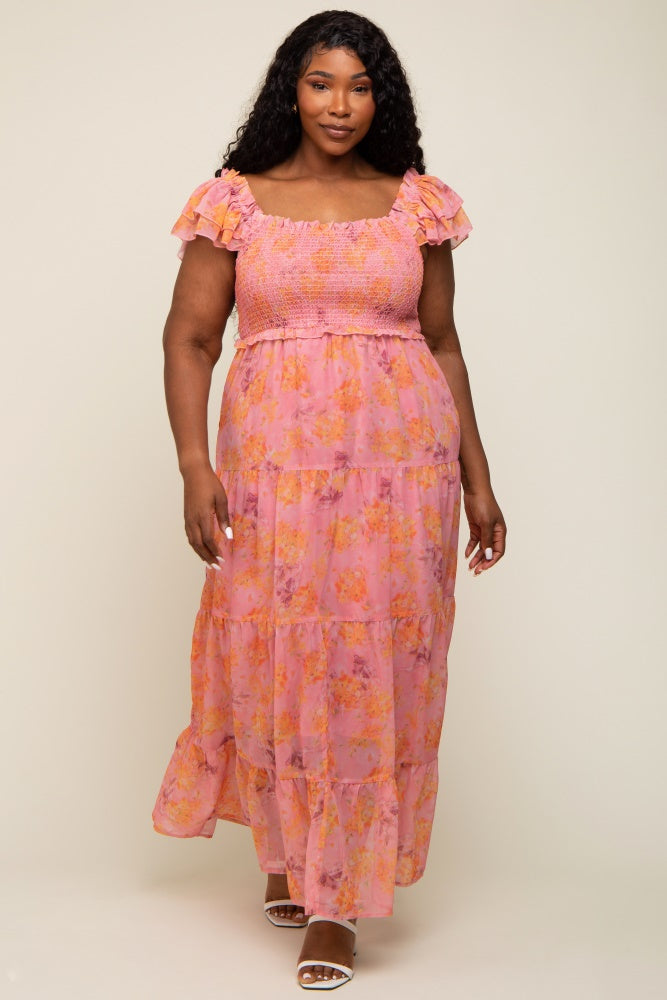Pink Floral Ruffle Tiered Plus Maxi Dress