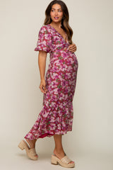 Burgundy Floral Deep V-Neck Puff Sleeve Maternity Maxi Dress