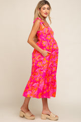 Orange Floral Shoulder Tie Maternity Midi Dress
