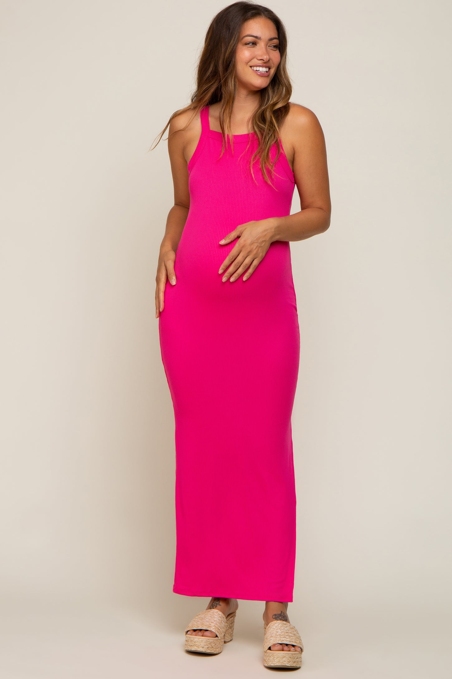 Fuchsia Ribbed Fitted Side Slit Maternity Midi Dress PinkBlush Fuchsia Ribbed Fitted Side Slit Maternity Midi Dress PinkBlush