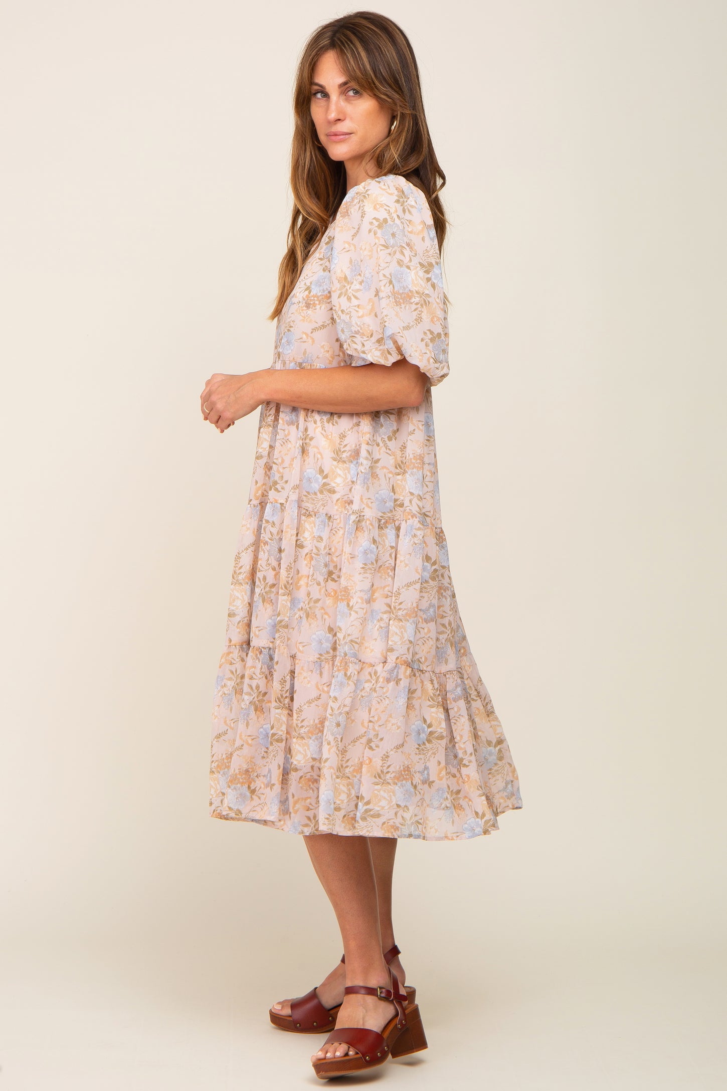 chiffon midi dress short sleeve Womens Friends Like These Cream/Chocolate Chiffon Short Sleeve Midi Dress US 14