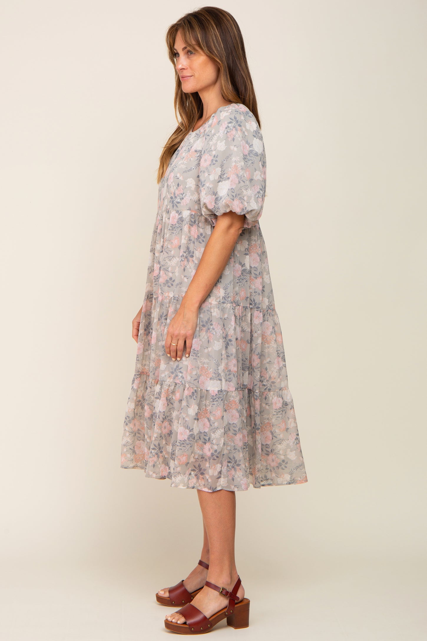 Light Olive Floral Chiffon Puff Short Sleeve Tiered Midi Dress