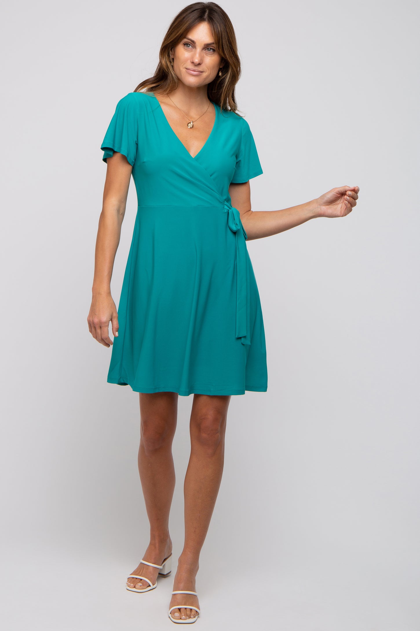 Teal Wrap V-Neck Short Sleeve Maternity Dress