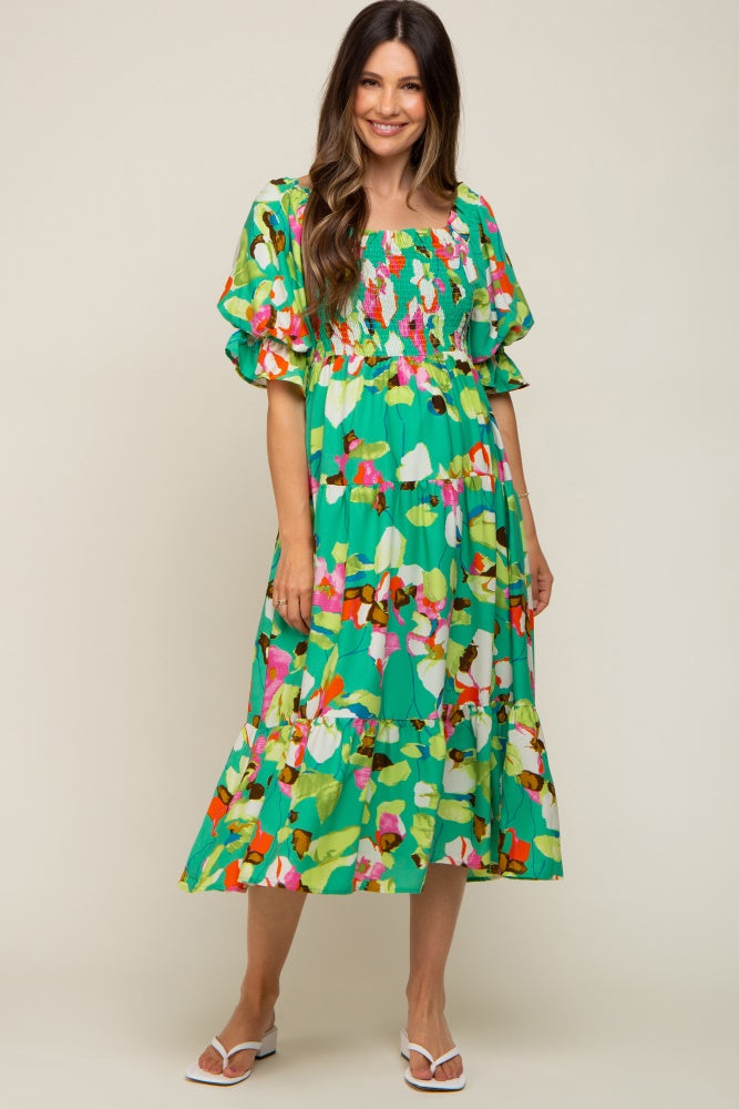 Green Floral Puff Sleeve Maternity Midi Dress– PinkBlush