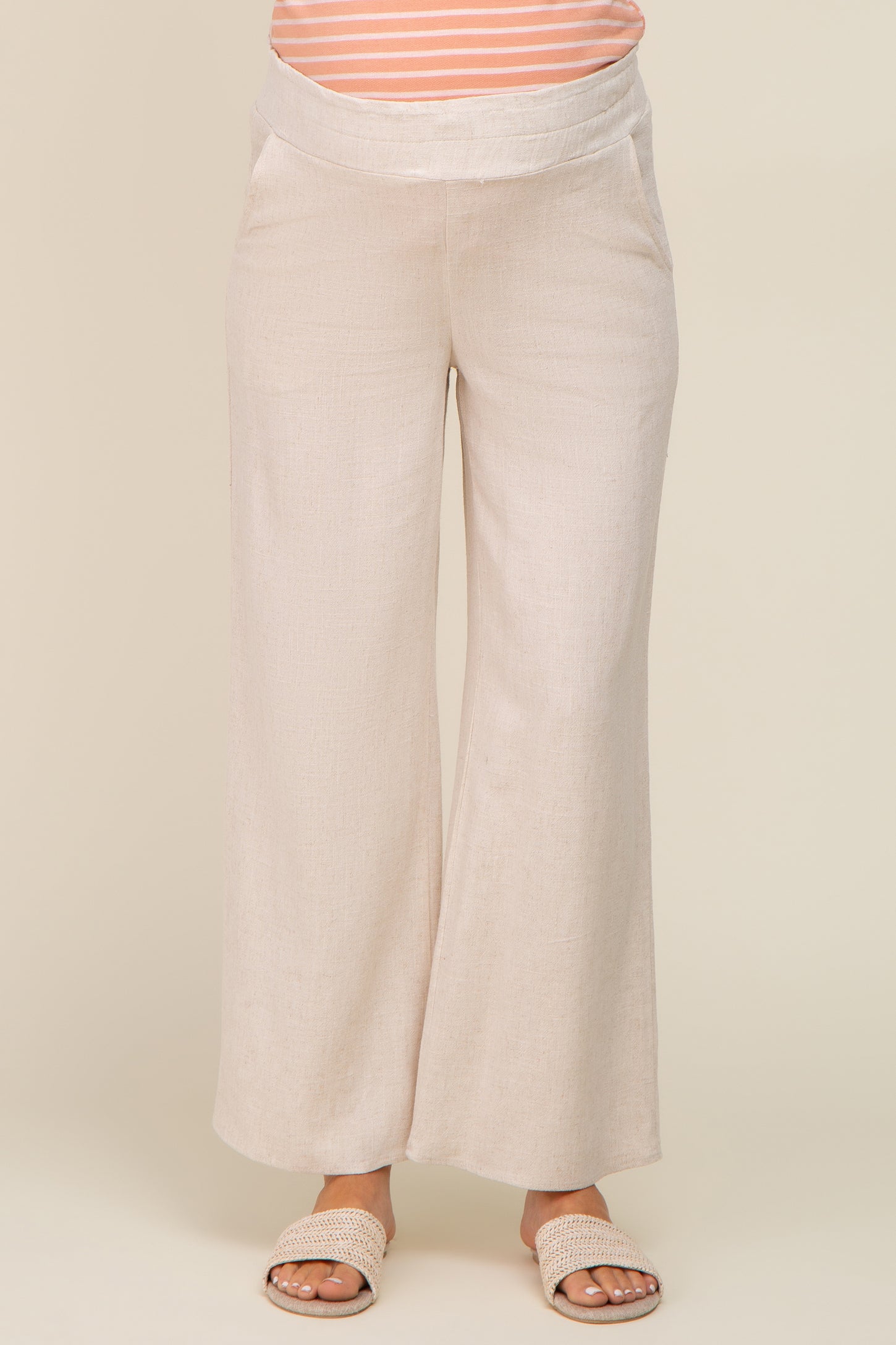 Beige Linen Wide Leg Maternity Pants PinkBlush
