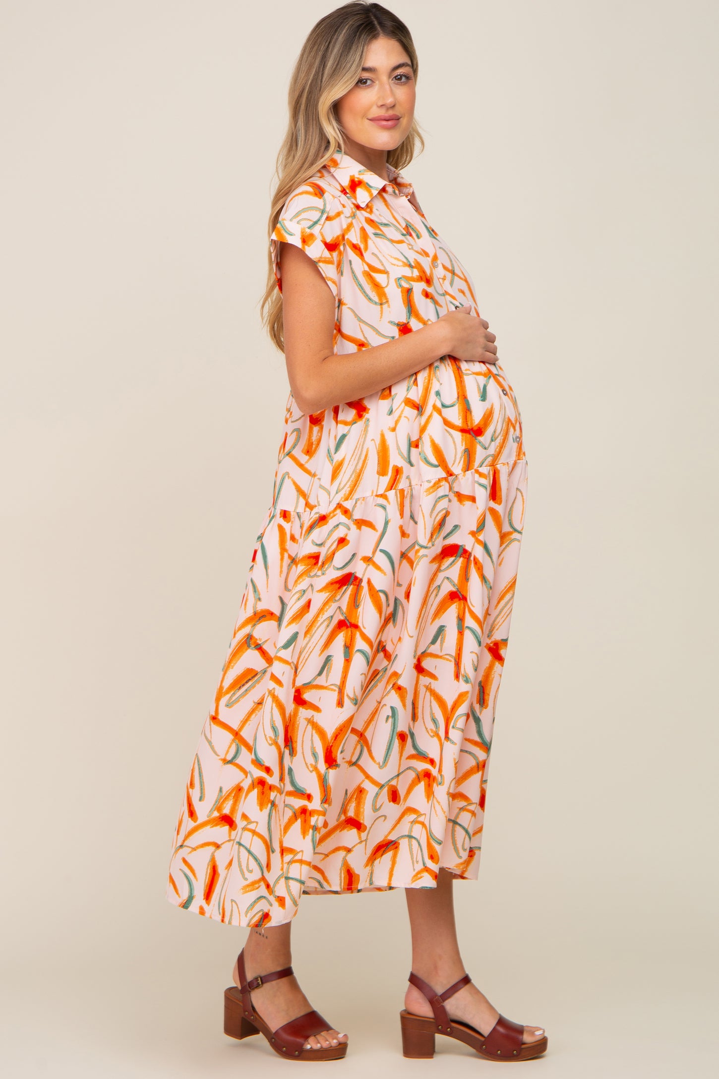 Peach Printed Button Down Collared Tiered Maternity Midi Dress