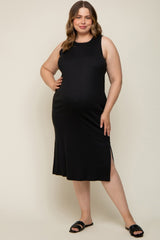Black Basic Ribbed Side Slit Maternity Plus Midi Dress