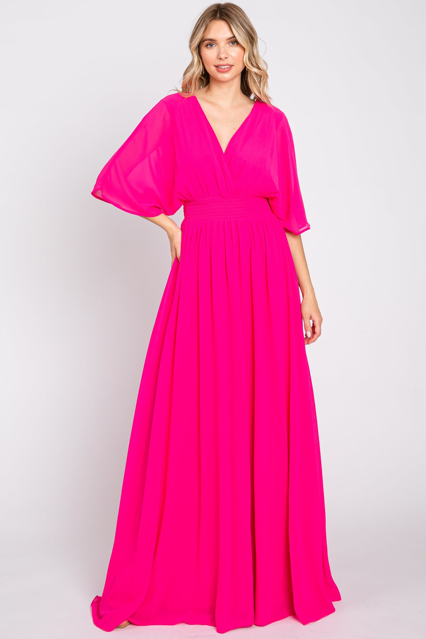 fuchsia maxi dress plus size Women's Plus Fuchsia Plunge Frill Detail Maxi Dress
