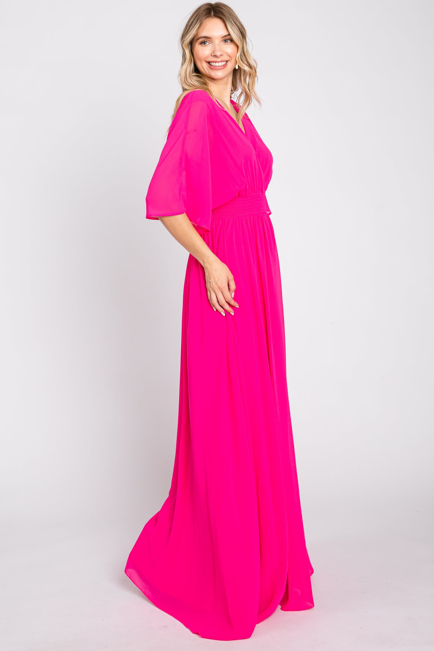 Fuchsia Chiffon V-Neck Smocked Waist Maxi Dress – PinkBlush